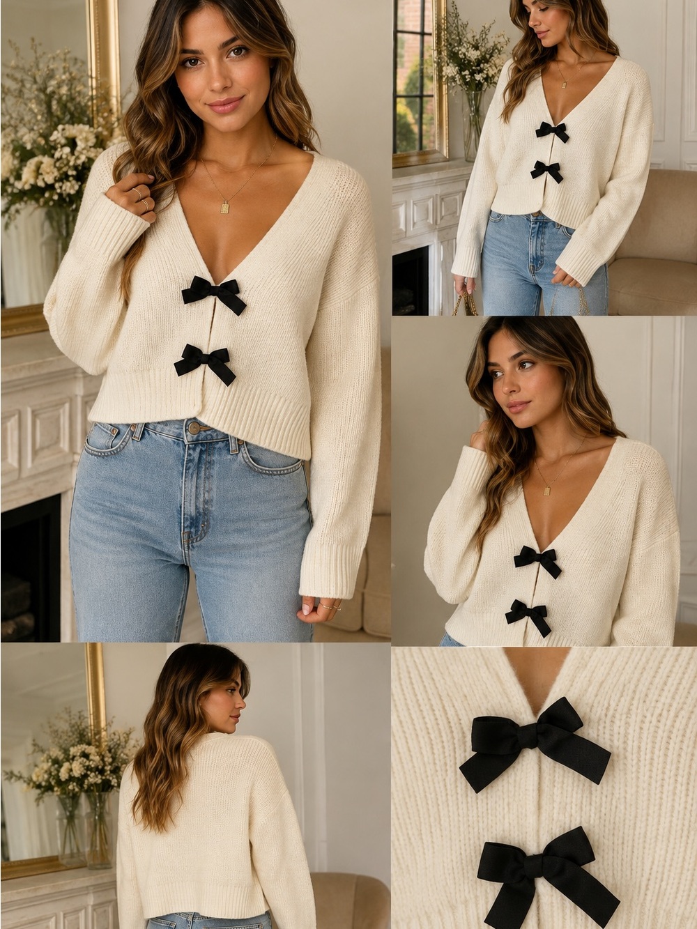 House of Harlow 1960 Cream Ribbed Bow Cardigan Black Bow Detail Coquette Cottage